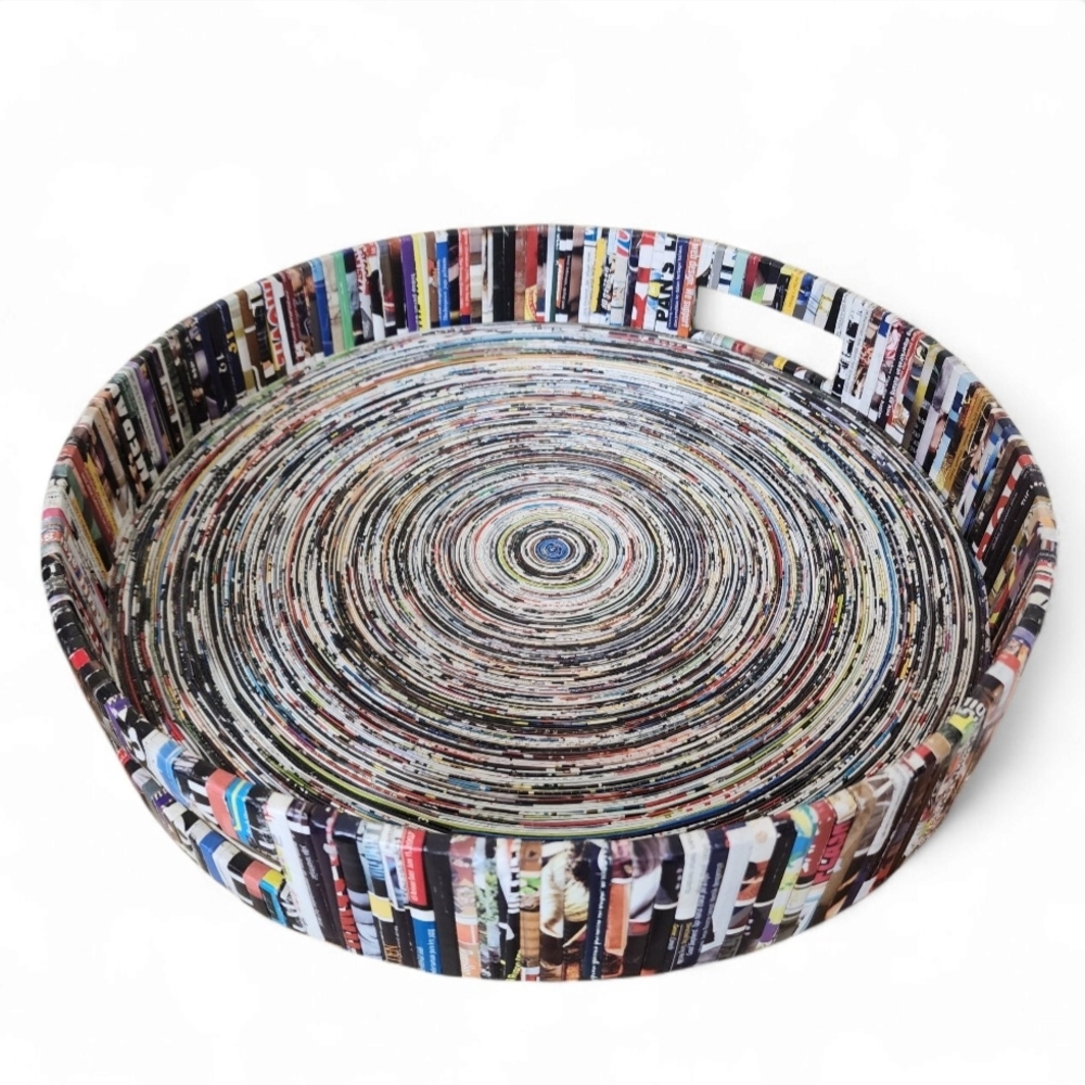 Large Handmade Recycled Magazine Paper Tray Basket 15.5" Boho Catchall Decor - Picture 4 of 9
